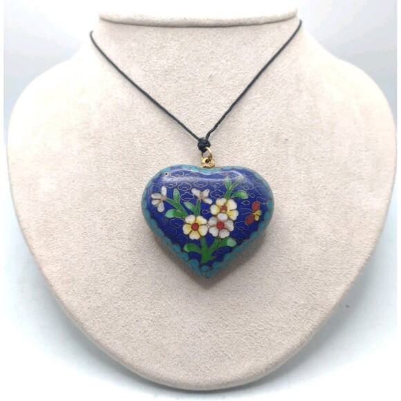 Antique Vintage Brass Enamel Cloisonne Heart Pendant Necklace 2" Statement 33.5g - Picture 2 of 10
